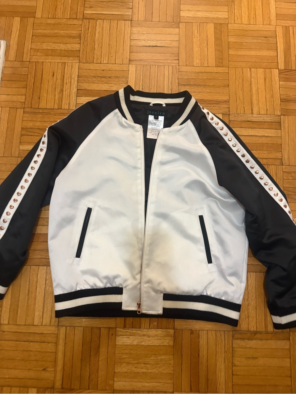 jocelyn White and Black Satin Bomber Jacket with Gold Zipper